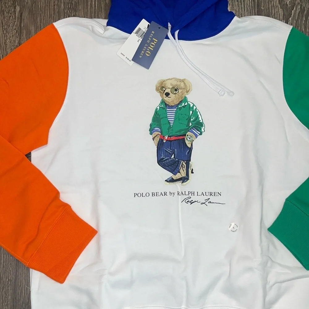 Polo Ralph Lauren Hoodie; Polo Bear -orange/green sleeves w/blue hood Size: L - Picture 3 of 7